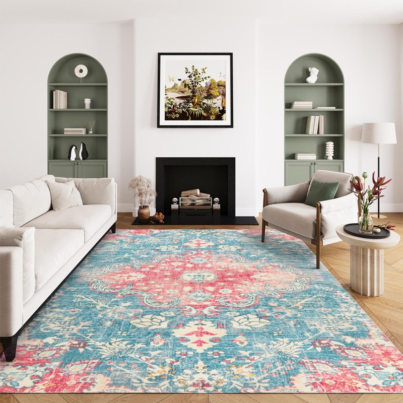 Juanelle Performance Washable Indoor Rug, Retangle 6' x 9', Turquoise & Pink