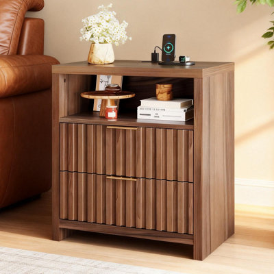 Table de chevet moderne avec 2 tiroirs et compartiment ouvert avec USB, armoire de chevet à cadre en bois pour la chambre à coucher