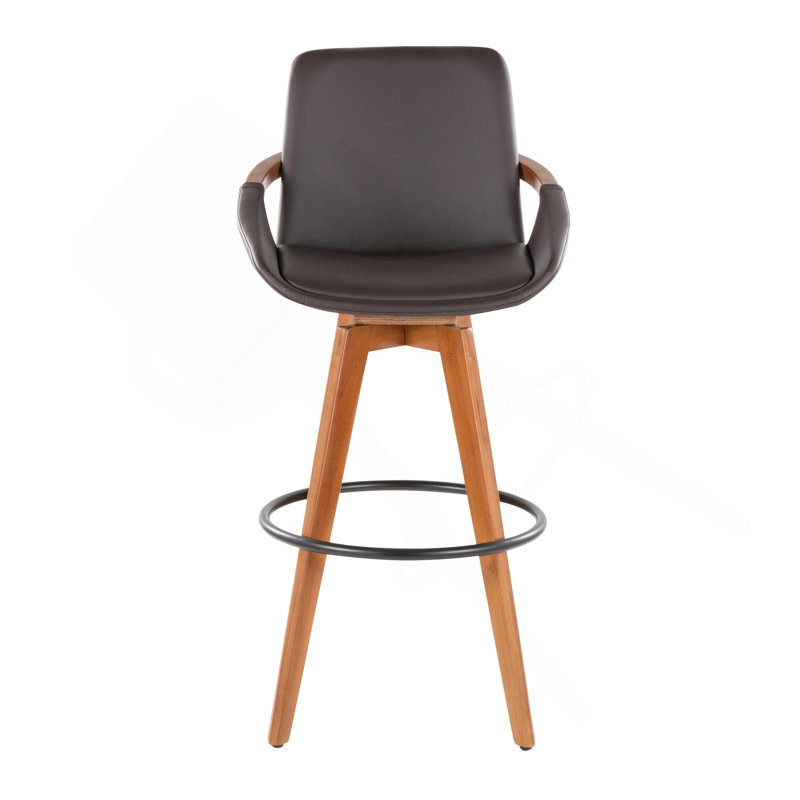 Tabouret de bar à hauteur fixe avec pivot en bambou et similicuir avec repose-pieds rond en métal noir, Brun