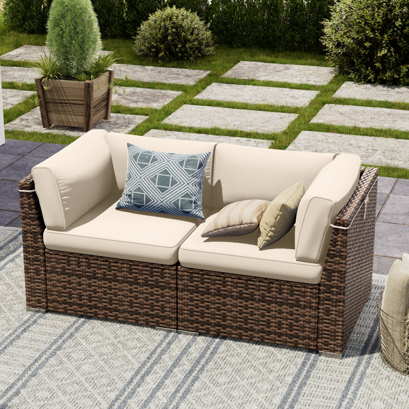 2 Piece Rattan Sectional Seating Group With Cushions, Beige