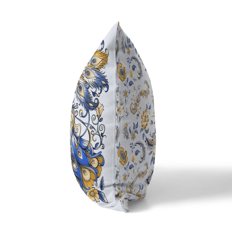 Coussin Floral, Bleu / Orange, H 26 po x l 26 po