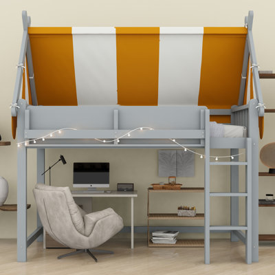 Lit mezzanine à baldaquin avec éclairage à DEL et bibliothèque intégrée