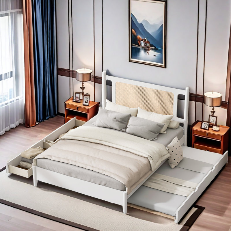 Wooden Rattan Platform Bed With 2 Big Drawers And Trundle, White