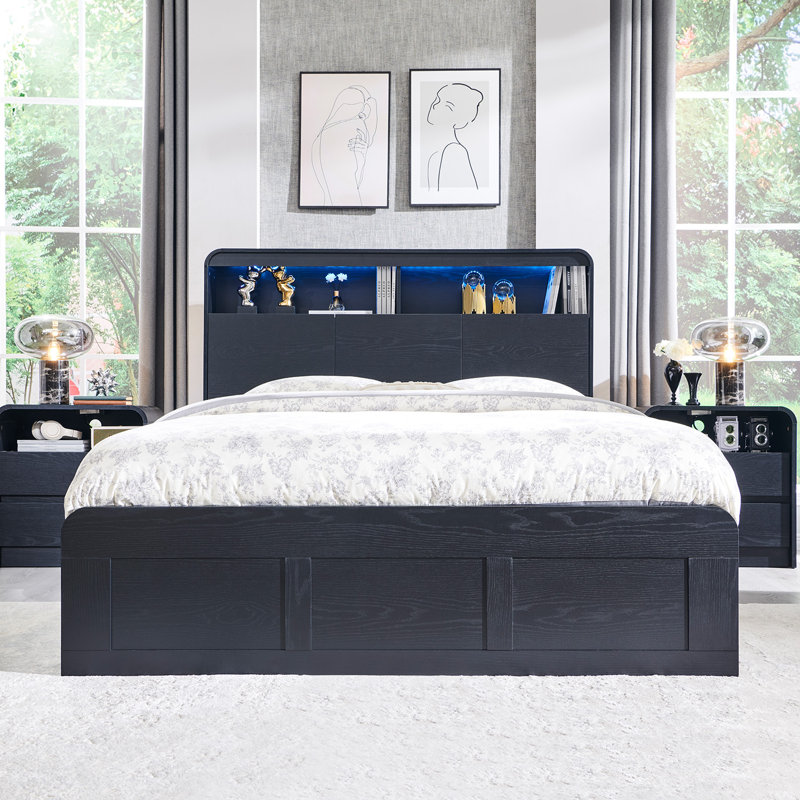 Modern LED Light Bed Frame with 50" Tall Storage Headboard, Platform Bed Frame w/4 Drawers, w/Charging Station, Queen, Black