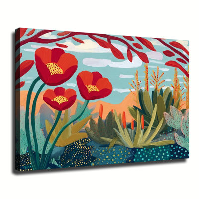 Paysage du Sud-Ouest américain avec des coquelicots rouges éclatants, des cactus et un décor désertique. Grande toile tendue sur châssis, idéale pour le salon ou la chambre.
