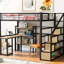 Lit mezzanine noir en métal pleine grandeur avec escalier et bureau / tablettes intégrés - beaucoup de rangement, style moderne, lattes sécurisées et bureau dans un cadre solide, sans sommier pour une chambre confortable