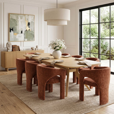 78"-96" Extendable Wood Veneer Dining Table Set with 8 Sculptural Chenille Armchairs