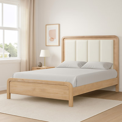 Grand lit Rexa, tête de lit tapissier cannelée blanche, bois brun naturel