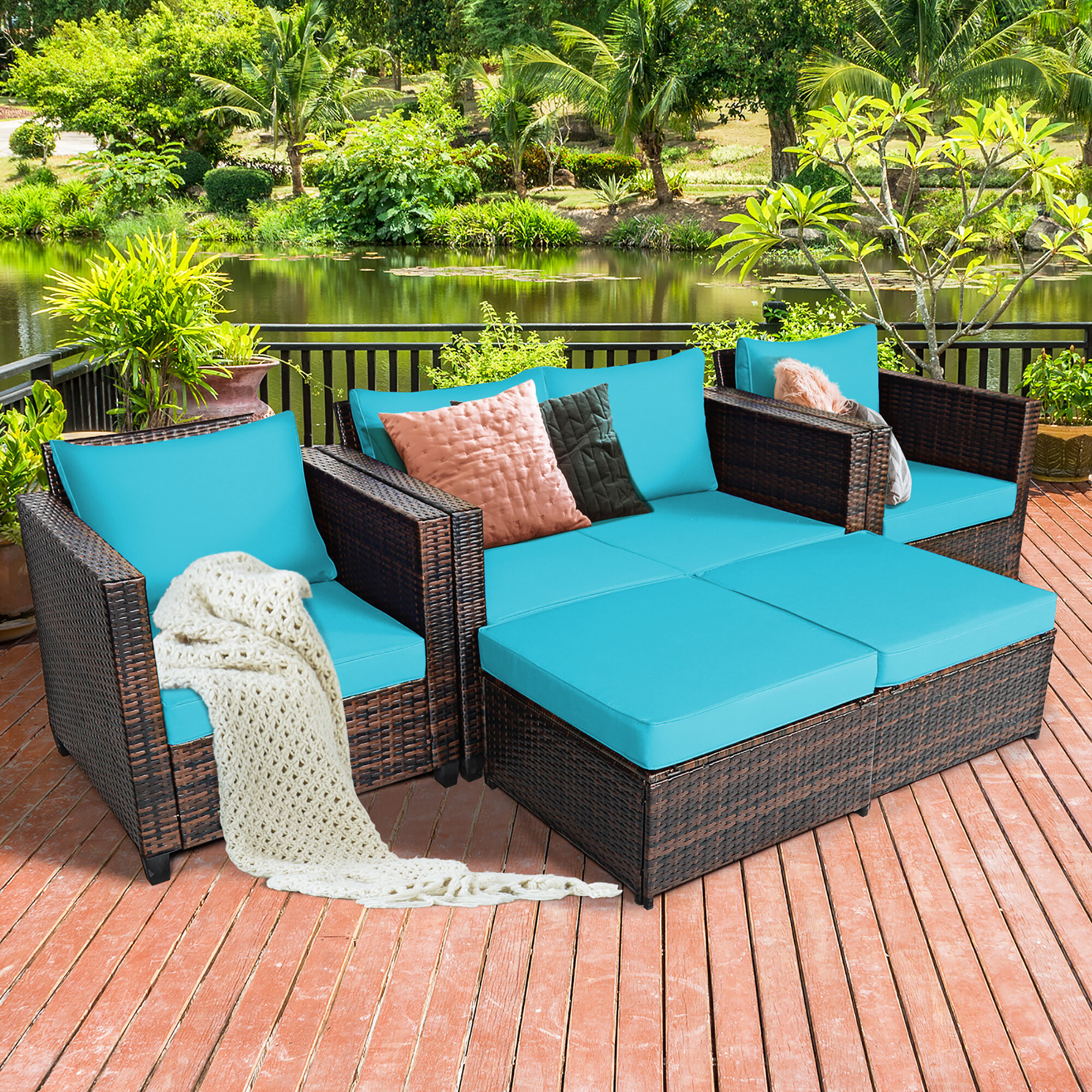 Latitude Run 5 Piece Rattan Sofa Seating Group with Cushions