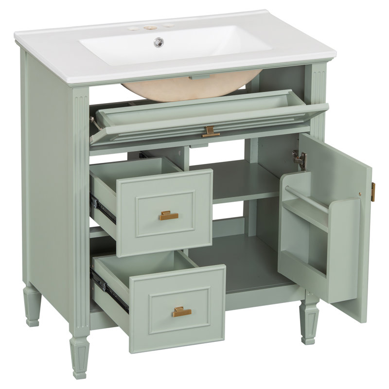 Meuble-lavabo autoportant de 30 po avec lavabo en céramique, 1 plateau rabattable, 2 tiroirs profonds et tablette réglable