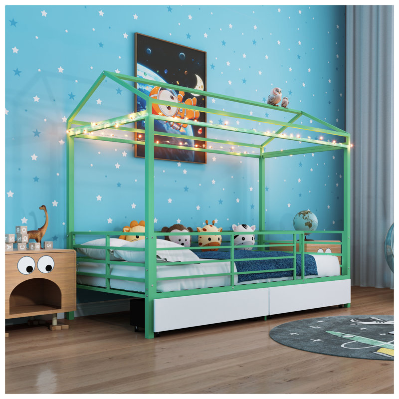 Cadre de lit moderne simple en métal pour enfants - Lit de plancher robuste avec toit et garde-corps, aucun sommier nécessaire