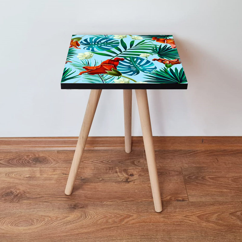 Modern Side Table with Beech Wood Legs, 13.8 x 16.5 x 13.8 inches | 100% MDF Construction, Thickness: 0.7 inches | Stylish Floral Design, Perfect for Living Room & Bedroom Decor, Durable & Elegant