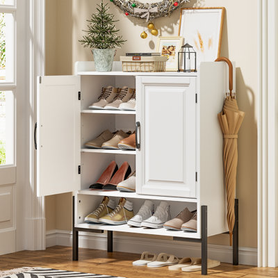 30" W 2-Door Shoe Storage Cabinet, Modern Entryway Shoe Organizer with Adjustable Shelves & Open Shelf, White Shoe Cabinet for Entryway, Hallway, Closet