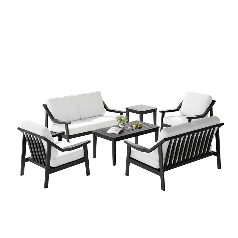Ensemble de patio pour six personnes avec coussins et deux tables Marlo, Beige, Noir