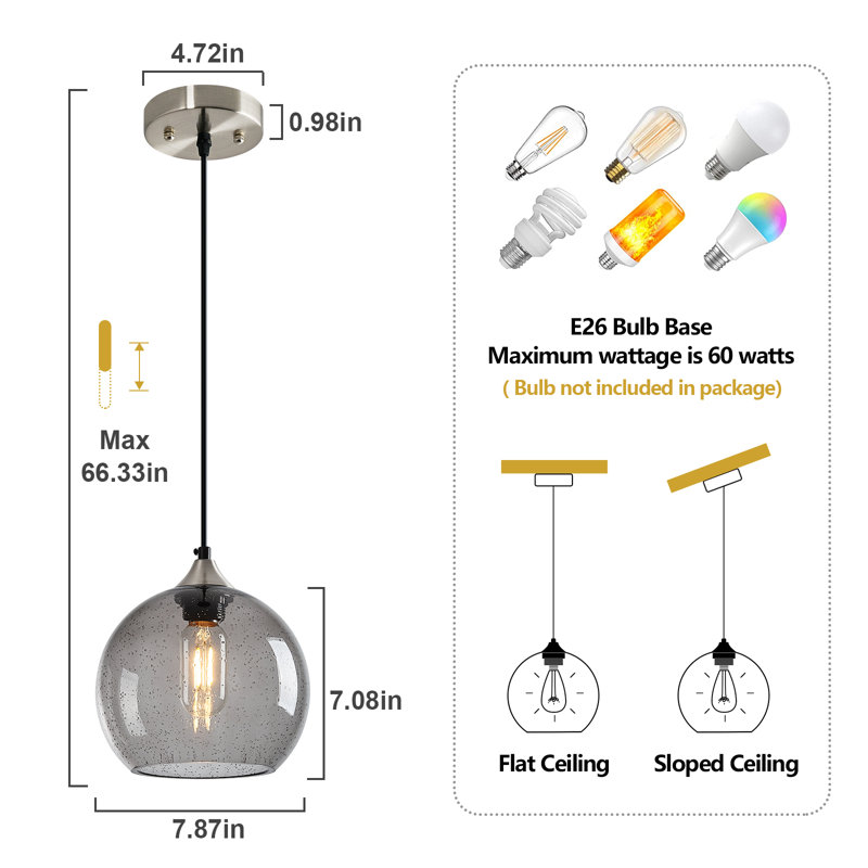 Charolyn 3 - Light Single Pendant Light Globe Pendant Light Fixtures Glass Pendant Lights Kitchen Island Lighting, Gray