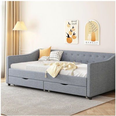 Twin Size Daybed with Drawers Upholstered Tufted Sofa Bed, with Button on Back and Piping on Waved Shape Arms-Light Grey