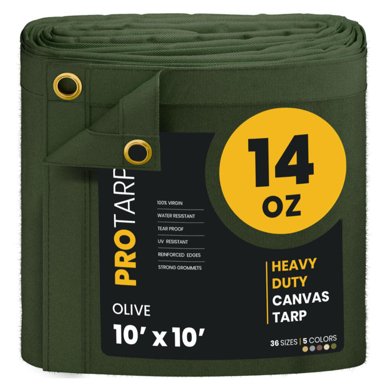 PROTARP Heavy Duty 14 OZ Water Resistant Canvas Tarp, UV Resistant Tarpaulin Cover with Rustproof Brass Grommets, Multipurpose for Canopy, Roof, Camping, Woodpile . (Olive )