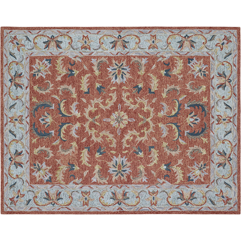 Bungalow Rose Rust/Blue Wool Area Rug, Rectangle 7'6" x 9'6"