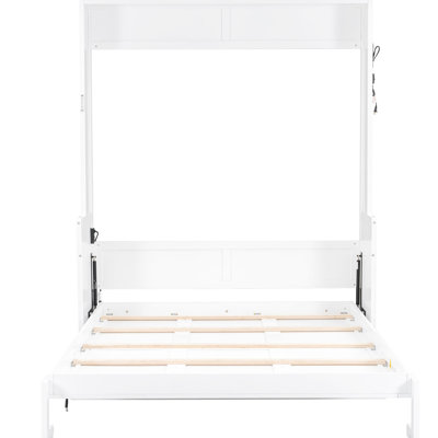 Queen Size Bed With Desk And Led Lights - White, Charging Station, Space Saving For Home Office, Modern Design, Easy To Install Desk, Study Room, Functionality, Material