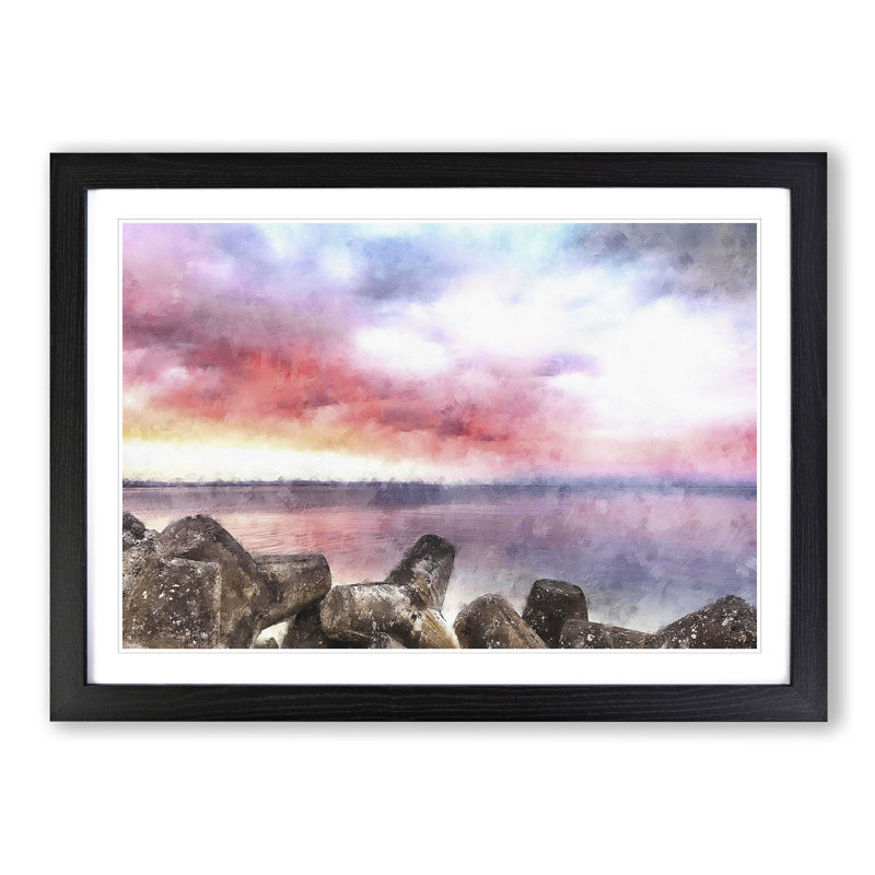 Pink Sunset over the Ocean - Picture Frame Graphic Art Print, Black, 62cm H x 87cm W x 2cm D