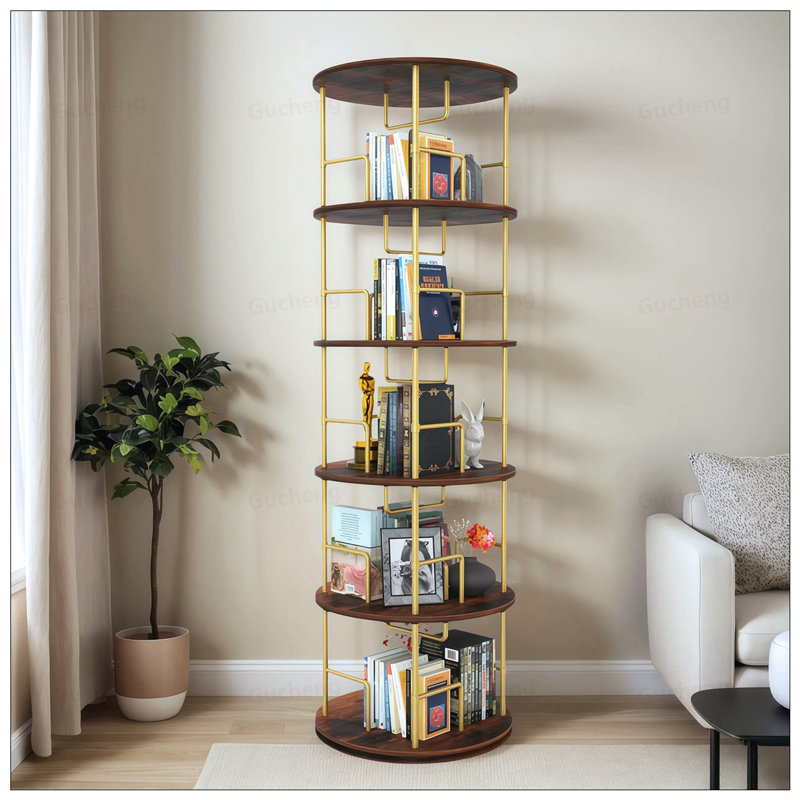 Bibliothèque rotative à 5 niveaux, bibliothèque pivotante à 360 °, bibliothèque pivotante empilable en bois et en métal pour un rangement et une présentation peu encombrants