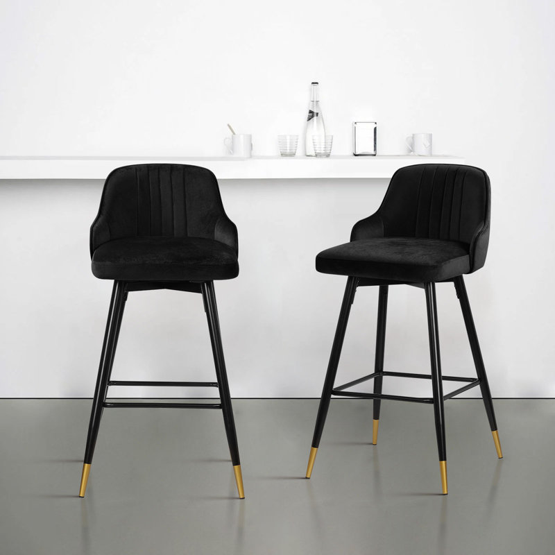 Tabouret de bar et de comptoir pivotant revêtu de velours, Noir, Tabouret de bar (siège d'une hauteur de 29 po)
