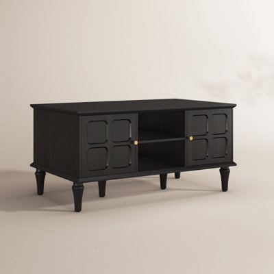 Mid-Century Solid Wood Leg Storage Coffee Table, Vintage Panel Door Hidden Cabinet Living Room Center Table in Walnut / Black Finish