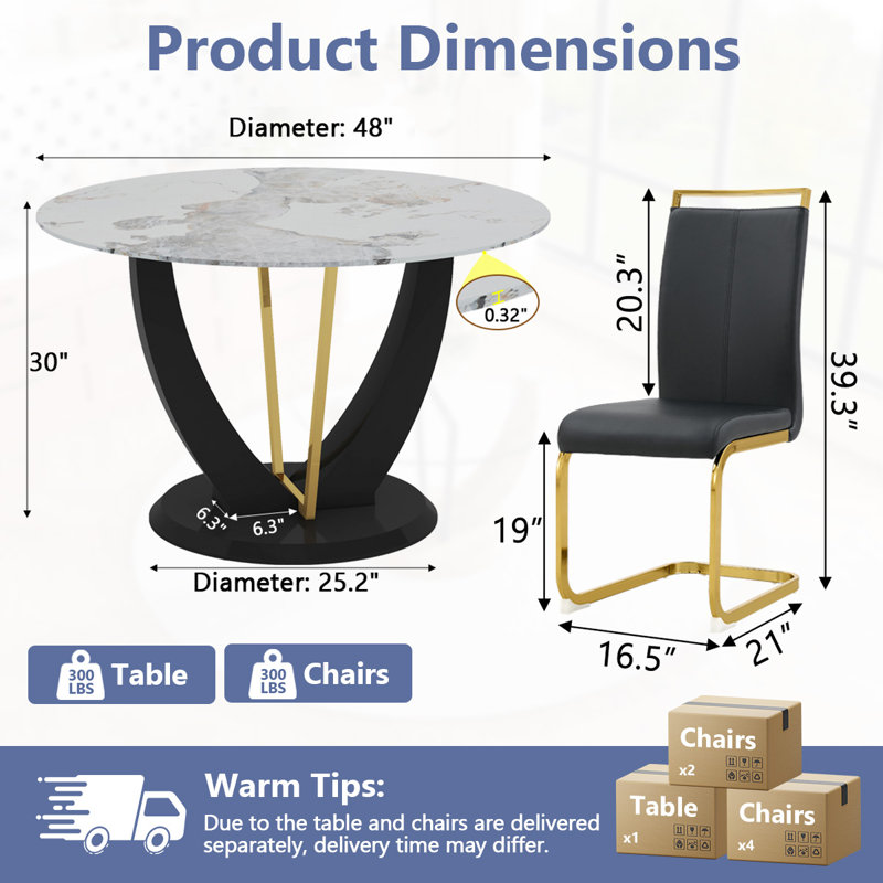 Round Dining Table Set, Black, 7 Pieces: Table, 6 Chairs