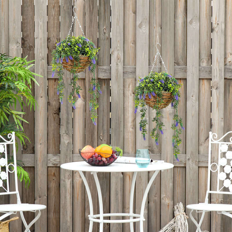 Set of 2 decorative artificial silk lavender flowers in hanging baskets