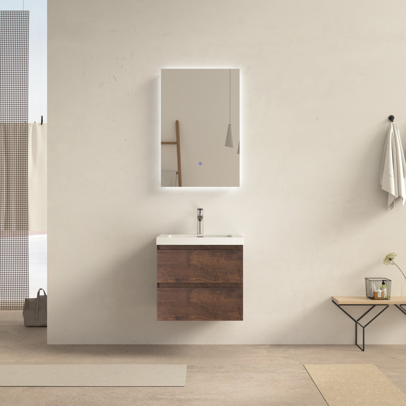 Meuble-lavabo mural simple 24 po en bois de rose flottant avec plateau en pierre blanc brillant et 2 tiroirs Modern, 24"