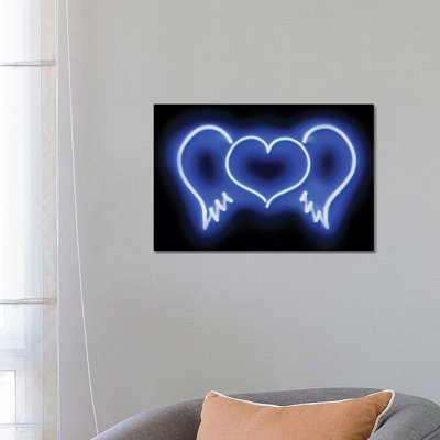 Neon Heart Wings Aqua On Black by Hailey Carr - Wrapped Canvas Print