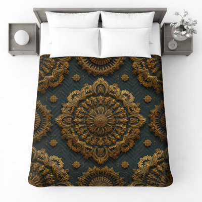 Ornate Golden Mandala Quilted Bedspread All Sizes