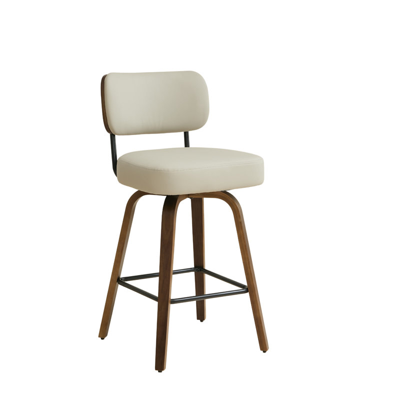 Tabouret de comptoir pivotant 26 po avec structure en bois courbé au fini noyer, Gris-beige, 3
