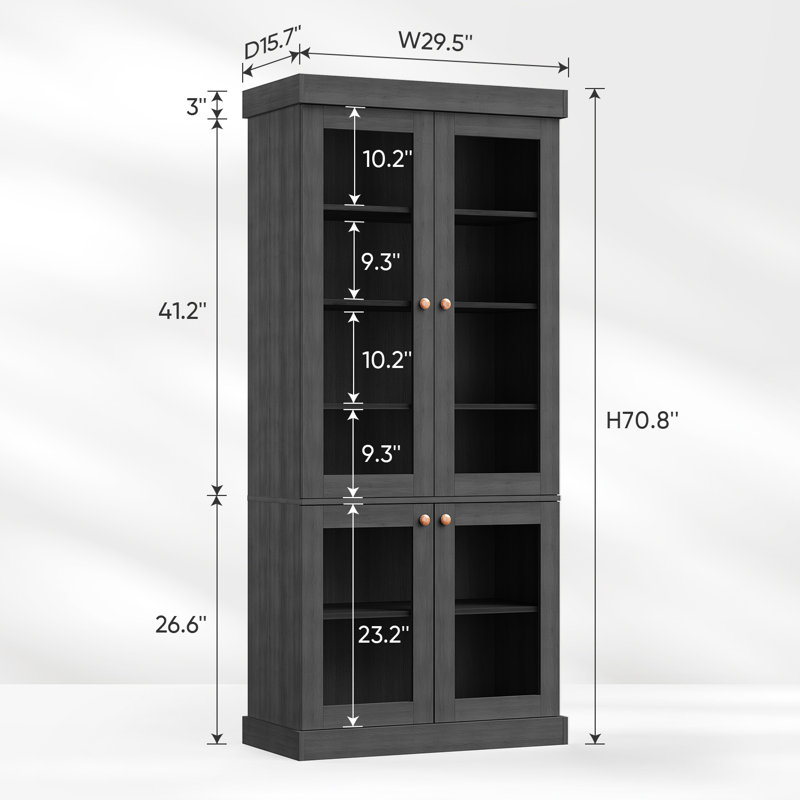 Rangement en bois de 71 po de hauteur avec garde-manger et tablettes en verre, Dark Grey, 3