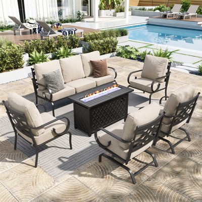 7 Person Outdoor Patio Seating Set With 2 Rocking Lounge Chairs & Optional Firepit Table