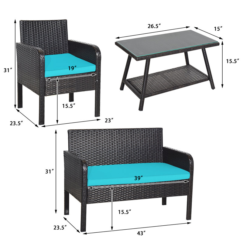Ensemble de conversation avec canapé en rotin et coussins 8 pièces, Turquoise