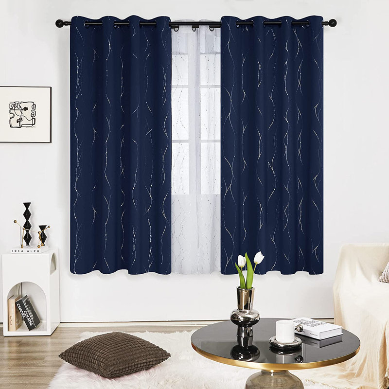 Senath Dotted Line Foil Printed Room Darkening Thermal Curtains, Navy Blue, 140cm W x 229cm D