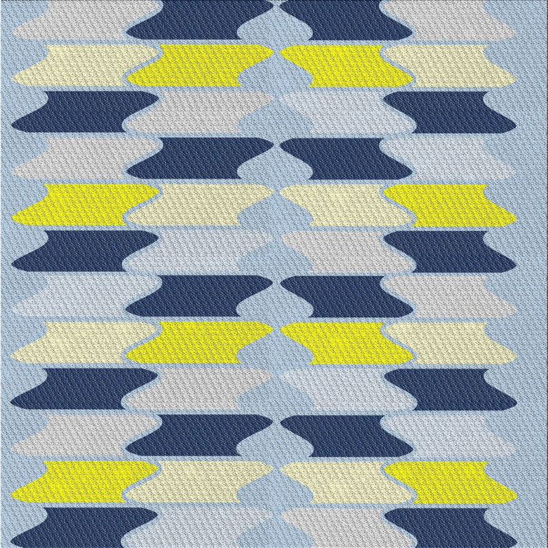 Tapis bleu/jaune à motifs, Carré 5 pi
