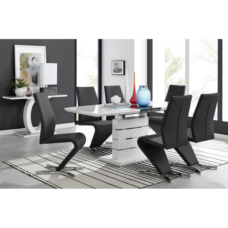 Everson Large High Gloss Extendable Dining Set with 8 Luxury Faux Leather Upholstered Dining Chairs, Black
