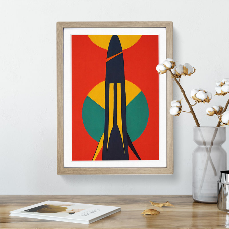 Retro Spaceship Rocket No.3 - Wall Art, 64cm H x 46cm W x 2cm D, Oak Framed