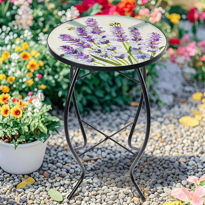 Outdoor End Table For Patio, Small Round Glass Accent Side Table,  Design, Suitable For Garden, Balcony, Porch, And Indoor Home Décor Use (Lavender)