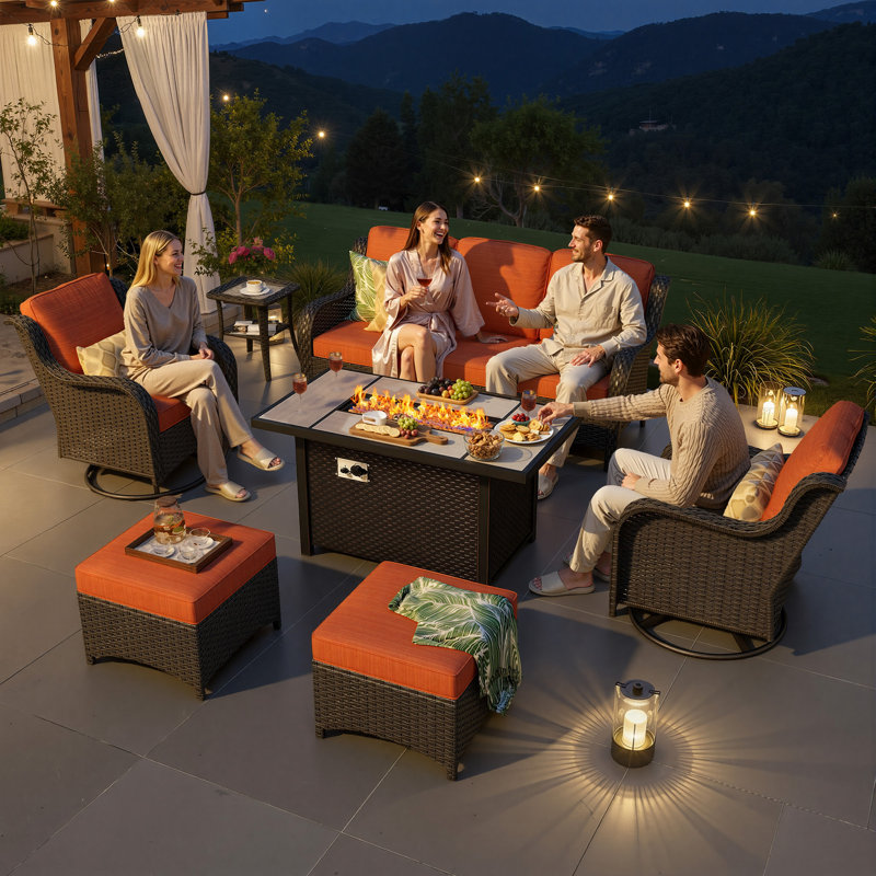 Patio Rattan Sofa Seating Group with Cushions, Brown Frame/Red Orange Cushion, Yes