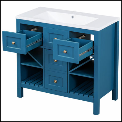Meuble-lavabo 36 po avec lavabo en résine, structure en bois massif, 5 tiroirs et portes à fermeture douce pour un rangement efficace et élégant