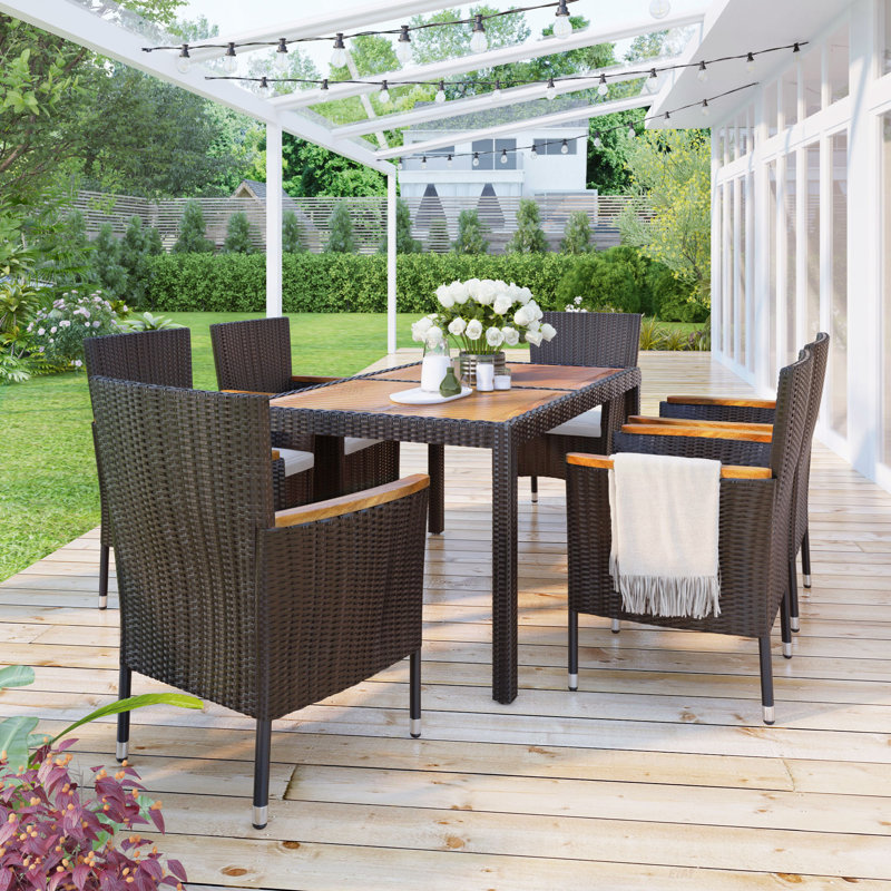 Ensemble de salle à manger d'extérieur 7 pièces, ensemble de table et chaises de jardin en osier de rotin PE, plateau de table en bois d'acacia, chaises avec accoudoirs empilables avec coussins (ensemble de salle à manger)