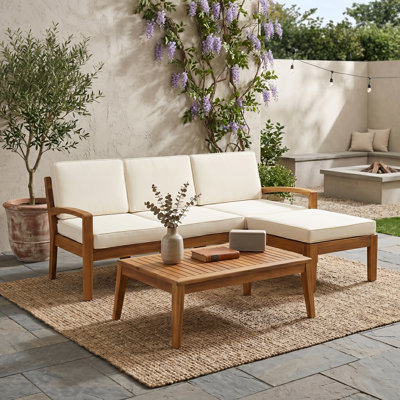 Ensemble de canapé d'extérieur en L en acacia 3 pièces 77,5 "avec table basse en teck / beige