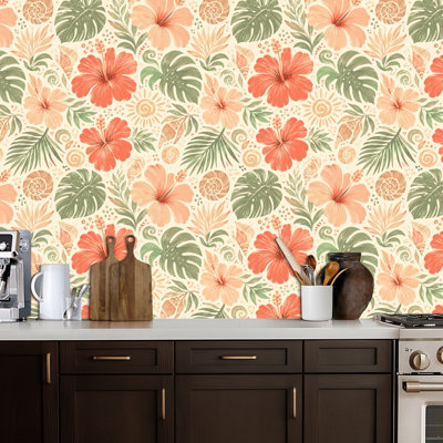 Papier peint auto-adhésif à motif de fleurs de corail à motif de fleurs de corail tropicales autocollantes et amovibles, 24 po x 118 po