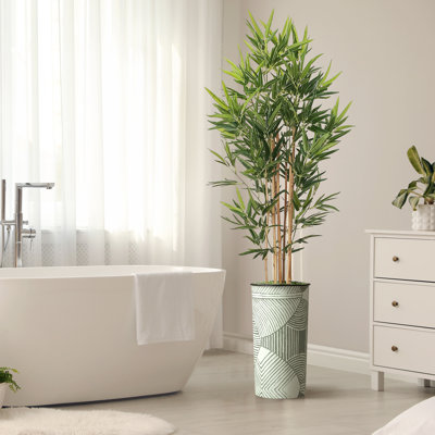 Artificial Tree in Contemporary Geometric Pattern Planter Fake Bamboo Silk Tree Plant Pot Plus Tree