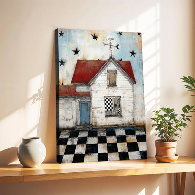 Rustic Primitive Farmhouse House With Checkered Floor Folk Art Painting, Large Gallery Wrapped Canvas Wall Art Print For Living Room Bedroom
