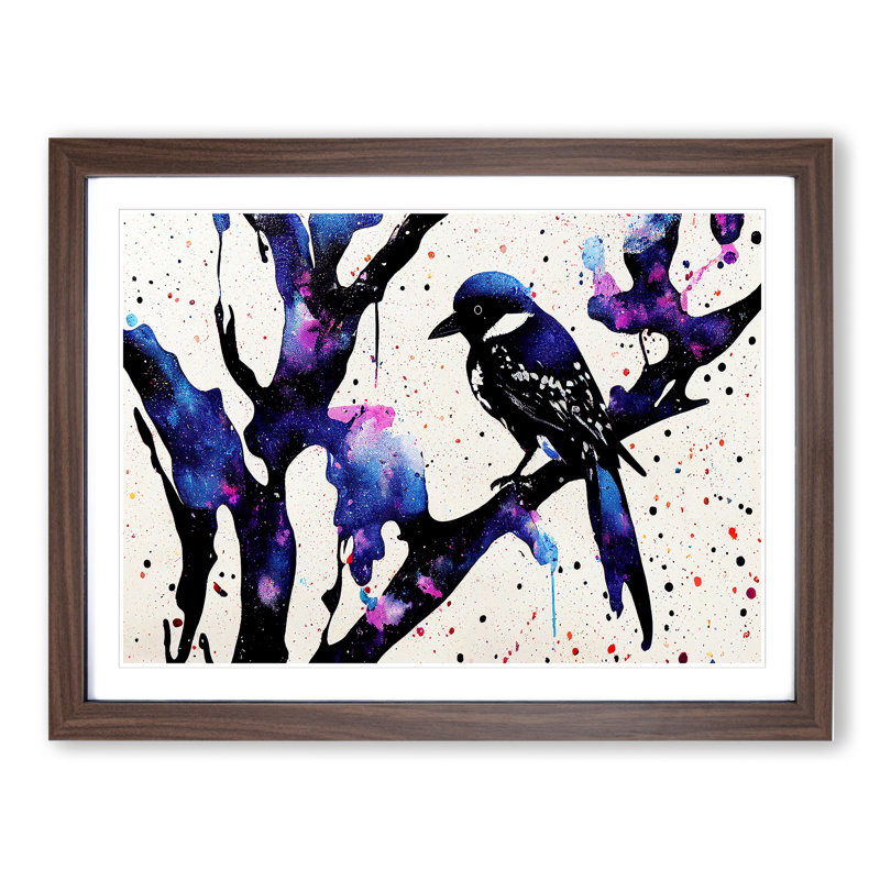 Magpie Bird Splash Vol.1 Abstract - Single Picture Frame Painting, 25cm H x 34cm W x 2cm D, Walnut