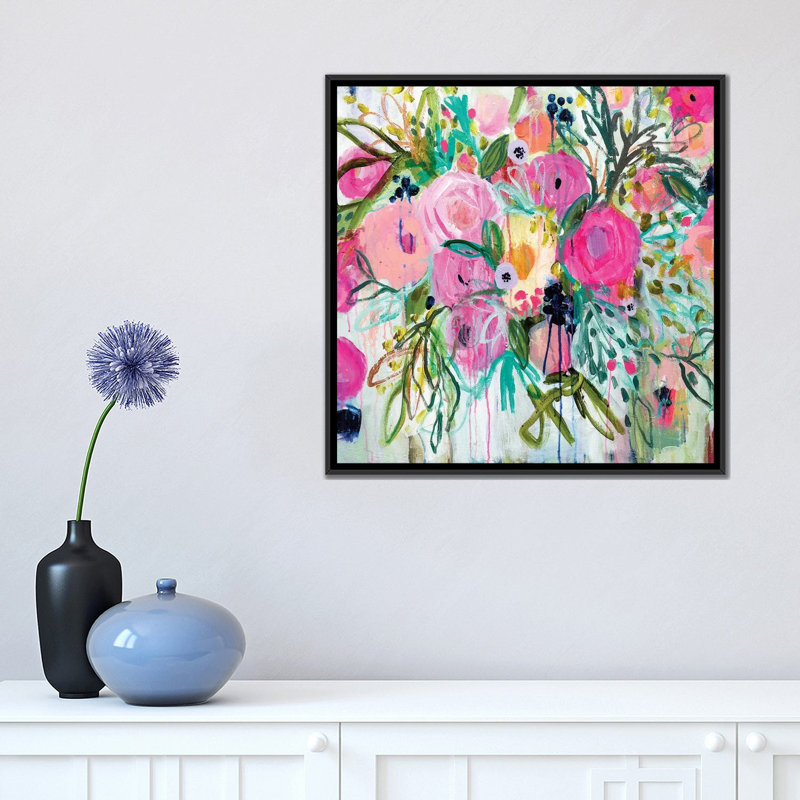 «Rose Burst», reproduction d'impression sur toile, H 18 po x l 18 po x P 1,5 po, Toile avec cadre noir, Pas de tapis